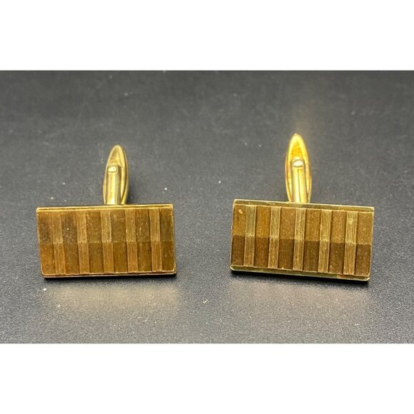 Vintage Rectangular Rolled Gold Cufflinks Ribbed Bar Design Groom Prom MCM - Picture 2 of 7